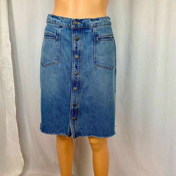 Etica Sophia Distressed Raw Hem Blue Denim Skirt Short Snap Front Women’s S - Picture 1 of 13